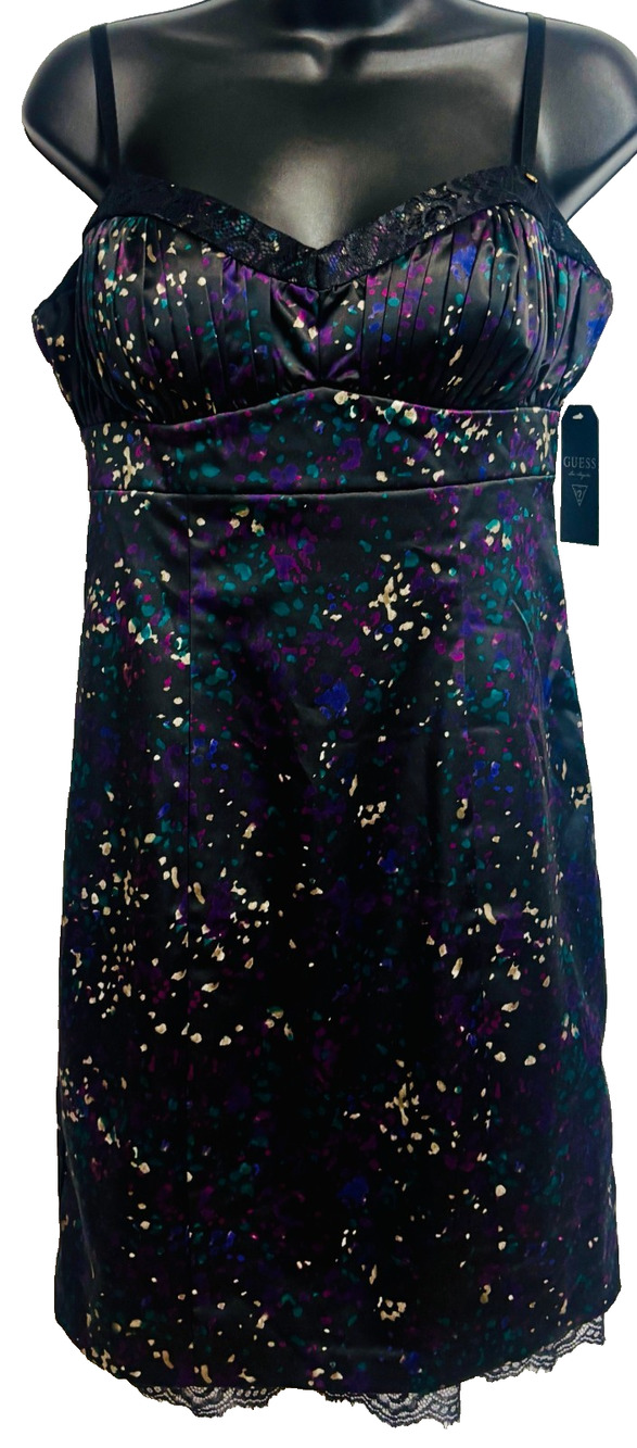 GUESS Mini Slip Dress 10 Purple Black Abstract Lace Trim Bodycon Cocktail New